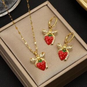 Crystal Bowknot Red Strawberry Stainless steel Gold plated Jewelry Set